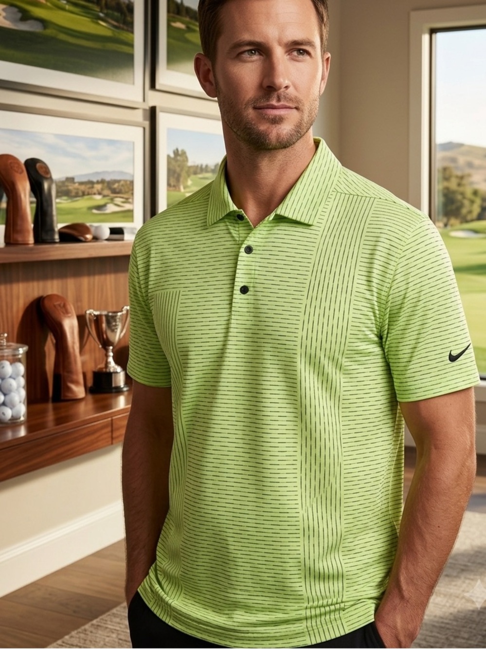 Nike Men's Lime Green Striped Performance Polo